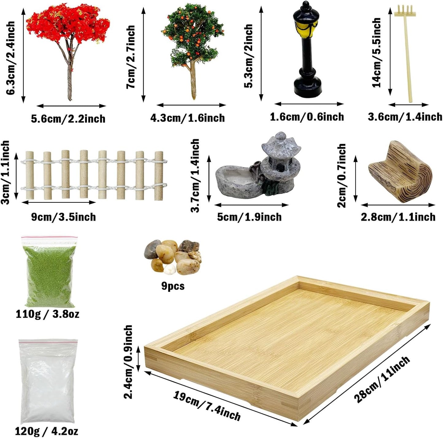 Cayway Mini Zen Sand Garden Kit - Patio Sandbox Decorations Zen Decor With White Sand, Model Trees, Mini Fences, Chairs for Home Office Desktop Decor