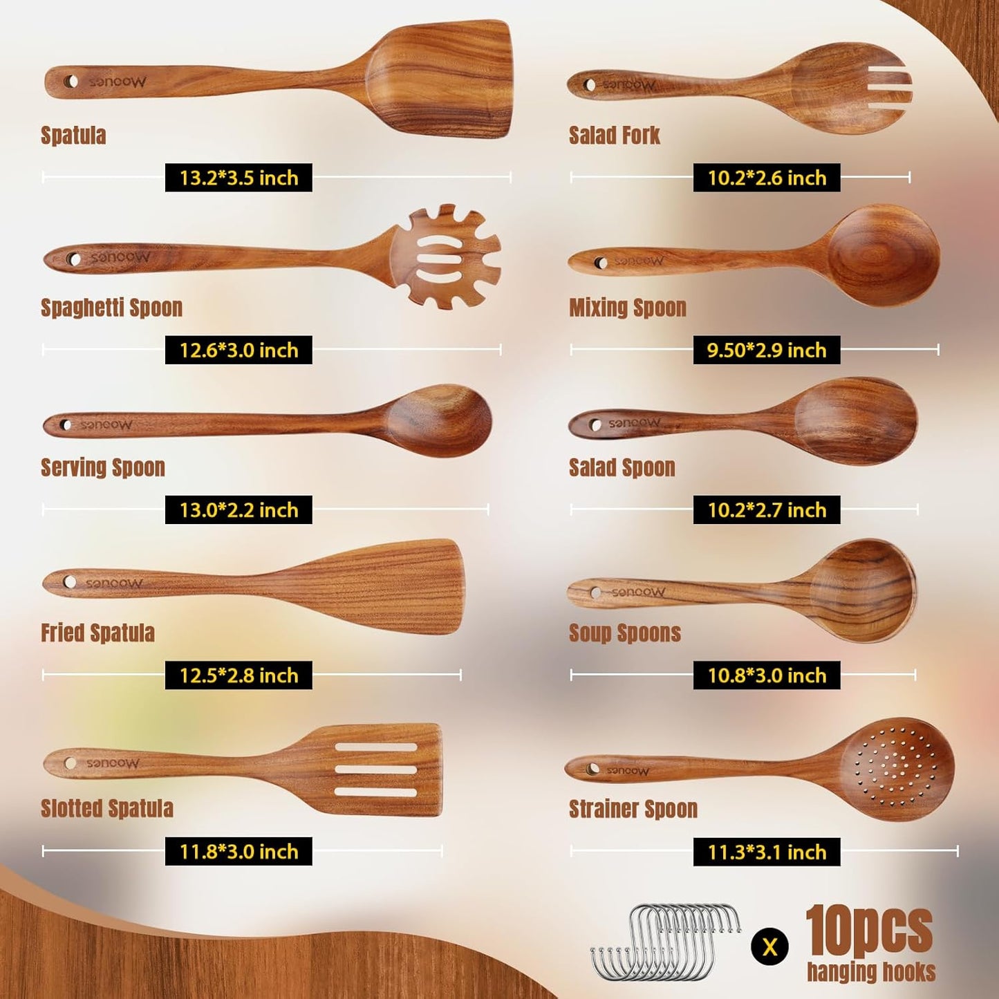 Wooden Spoons for Cooking, 10PCS Teak Wood Cookware Utensil Set with Hooks - Smooth Finish, Non-Stick, Comfortable Grip, Heat Resistant Kitchen Utensils