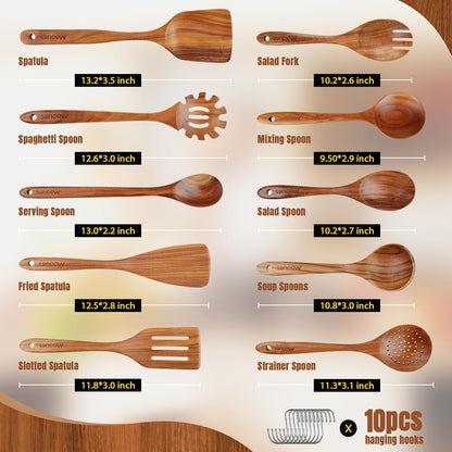 Wooden Spoons for Cooking, 10PCS Teak Wood Cookware Utensil Set with Hooks - Smooth Finish, Non-Stick, Comfortable Grip, Heat Resistant Kitchen Utensils