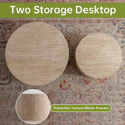 Round Nesting Coffee Tables Modern Travertine Coffee Table Small Round Coffee Tables Circular Side Table Accent End Table Nested Coffee Table Set for Living Room (Travertine Large)