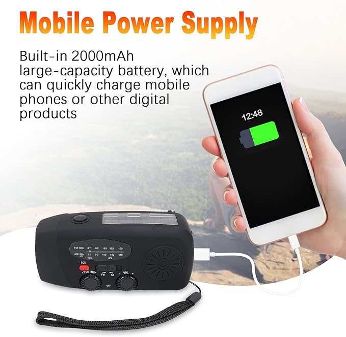 2000mAh Wind Up Radio, Portable Solar Emergency Radio with SOS Alarm, AM FM Weather and Torch, for Power Outage Camping Hiking (Black)