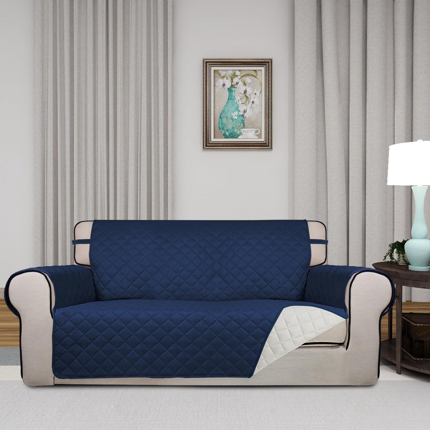 PureFit Reversible Quilted Sofa Cover, Water Resistant Slipcover Furniture Protector, Washable Couch Cover with Non Slip and Elastic Straps for Kids, Dogs, Pets (Oversized Loveseat, Navy/Ivory)