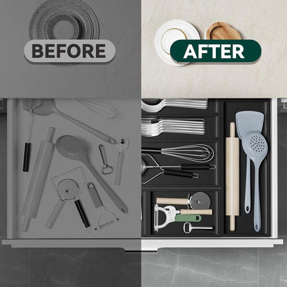 Bamboo Drawer Organizer, Cutlery Silverware Organizer for Kitchen Drawer, Stackable Utensil Organizer, 2 Pcs Flatware Organizer, Wooden Storage Box Tray (Black, 12 X 6 X 2 Inch)