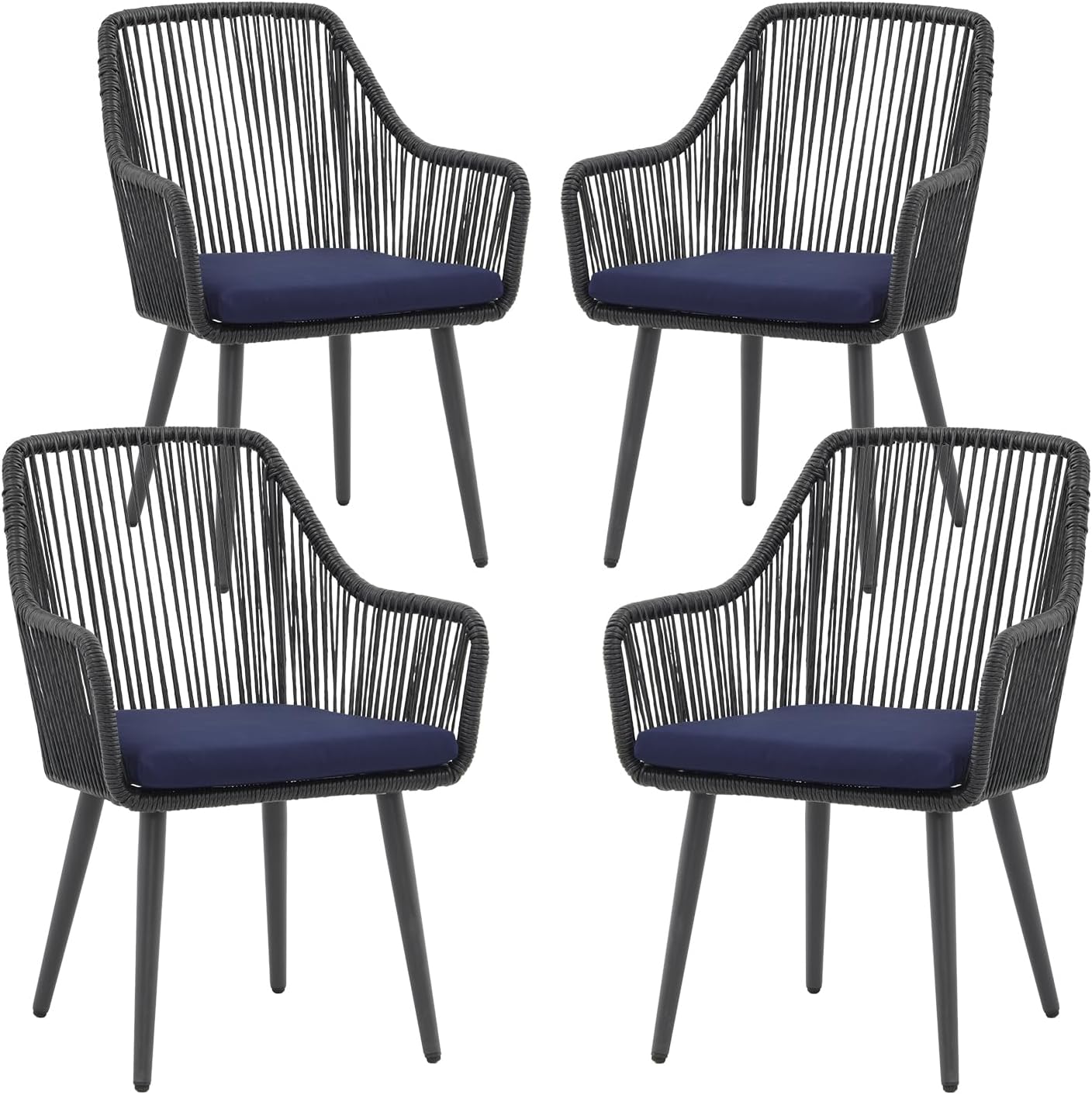 Patiorama Outdoor Dining Chairs, Patio Dining Chair Set of 4, All-Weather Woven Rope Rattan Chairs, Outdoor Dining Wicker Chair with Armrests for Indoor Balcony Pool Backyard(Blue)