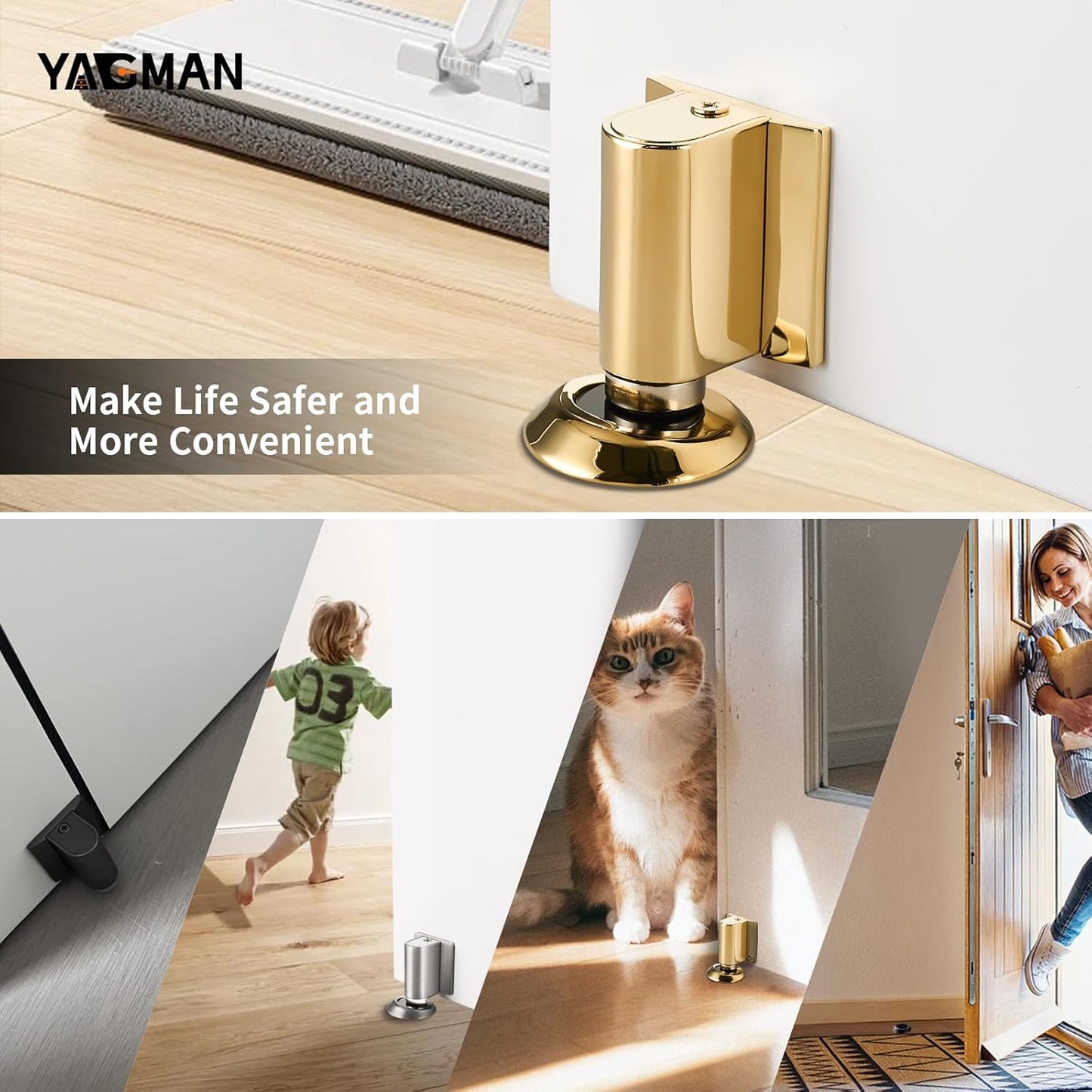 2 Pack Magnetic Door Stoppers Retractable Bottom of Door Holder No Drilling Mount Floor Door Stop with Screws and Adhesive Catch Door Keep Door Open Polished Gold PG-2