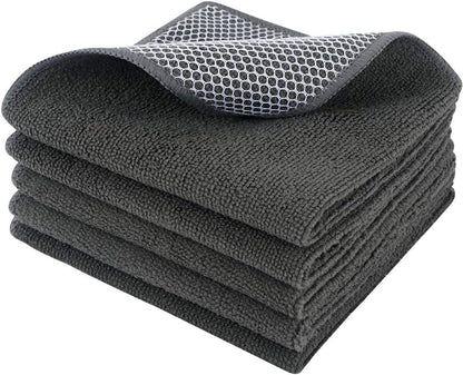 SINLAND Microfiber Dish Cloths Wash Clothes for Kitchen Best Kitchen Cloths Cleaning Cloth Poly Scour Side 12"x12" (5Pack, Dark Grey)