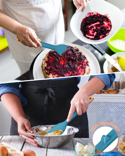 Cooking Spoon and Scraper for Nonstick Cookwares, Great for Cooking and Serving Durable BPA-Free Matte Silicone, Wood Handle Multifunction Spoon for Mixing, Scoop, and Scrape (BLUE)