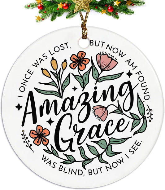 Christian Ornaments, Amazing Grace Scripture Wildflower Floral Ceramic Ornament Keepsake Decorations, Christian Gifts for Women Teen Girls