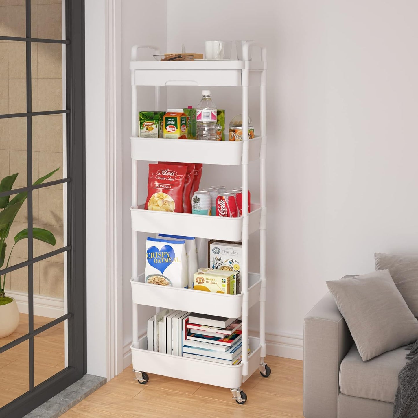 Calmootey 5-Tier Rolling Utility Cart with Drawer,Multifunctional Storage Organizer with Plastic Shelf & Metal Wheels,Storage Cart for Kitchen,Bathroom,Living Room,Office,White