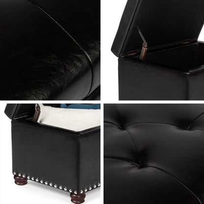 24'' Leather Storage Ottoman Rectangular Foot Rest Stool with Nailhead Trim Toy Chests & Storage Room Organizer for Bedroom Living Room(Black)