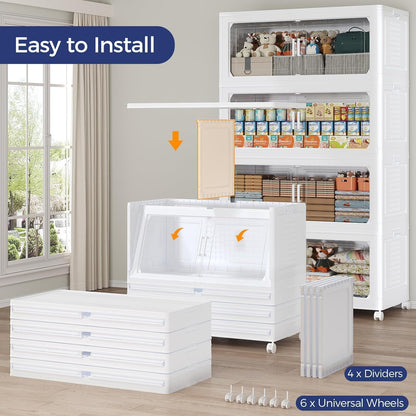 200GAL Extra Large Storage Bins with Lid, 800Qt Stackable Closet Organizers and Drawers, Collapsible Storage Bins with Wheels, Folding Storages Cabinet for Home Bedroom Office, 5Pack White