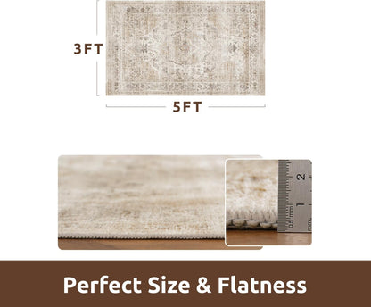 AMOAMI-3X5 Area Rug-Soft Washable Vintage Throw Accent Rugs for Living Room, Entryway, Bedroom, Kitchen, Bathroom, Laundry Room, Kitchen, Bathroom, Bedside, No Slip Beige