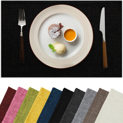 Placemats Set of 6, Bilayer Thickened Linen Place Mats Heat Resistant Machine Washable Wrinkle Free Carefully Selected Polyester Mats for Kitchen/Dining/Coffee Table (Black)