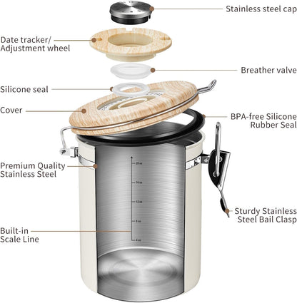 Veken Coffee Sugar Canister with Window, Coffee Lover Gift Set,Airtight Stainless Steel Kitchen Food Storage Container Gifts, Date Tracker & Scoop for Grounds Coffee,Beans,Tea,Flour,Cereal,22OZ,Cream