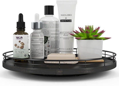 13" Oak Bathroom Vanity Tray Turntable for Perfume Candle, Round Wooden Decorative Tray for Kitchen Sink Countertop Organizer, Bathroom Counter Organizer for Skincare Makeup, Farmhouse Black Gold