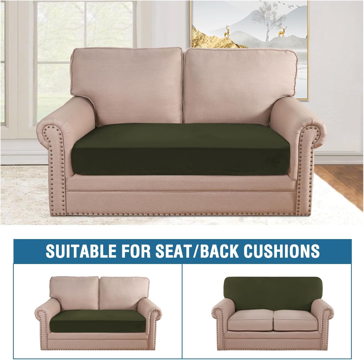 H.VERSAILTEX Velvet Stretch Individual Cushion Cover Plush Cushion Slipcover for Loveseat Sofa Furniture Protector Seat Cushion Sofa Cover (1 Piece Loveseat Cushion Cover, Olive)