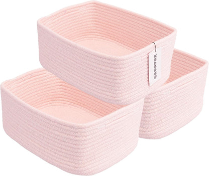 Small Woven Storage Baskets 13“X9”X5“ Decorative Rope Bins for Organizing Shelves, Closets, and Toys, Empty Gift Baskets, Cute Organizer Basket for Home and Office (pink, Large)