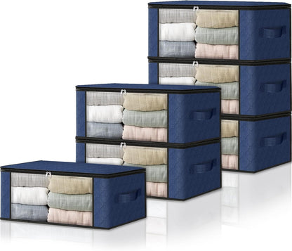 HomeHacks Storage 6-Pack Clothes Organizer Storage Bags Foldable Storage Box with Large Clear Window Sturdy Handles for Closet, Dorm, Pillows, Bedding, Clothes, Blankets, 35L, Blue