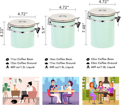 ShanSon Coffee Canister Airtight Coffee Container Stainless Steel Coffee Bean Storage Container with CO2 Release Valve and Scoop Coffee Canister for Beans,Grounds,Sugar,Flour,Tea,Cereal,16OZ,Green