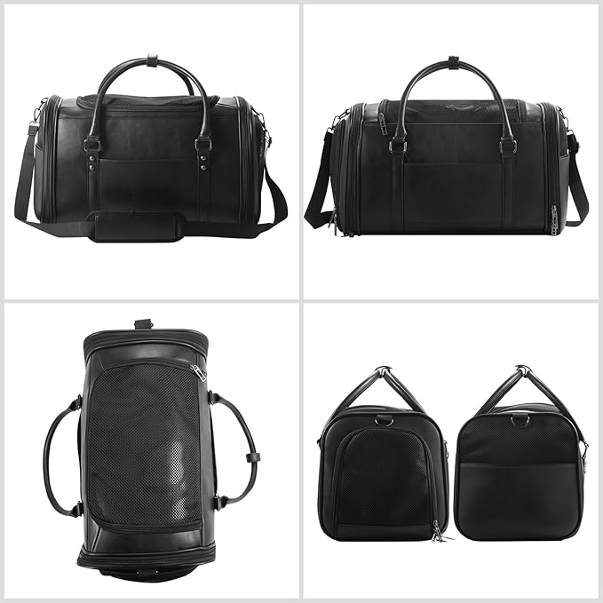 Stylish Leather Pet Carrier for Small Dogs and Cats Up to 15 lbs, Airline Approved Lightweight Travel Tote with Breathable Mesh and Shoulder Strap Black