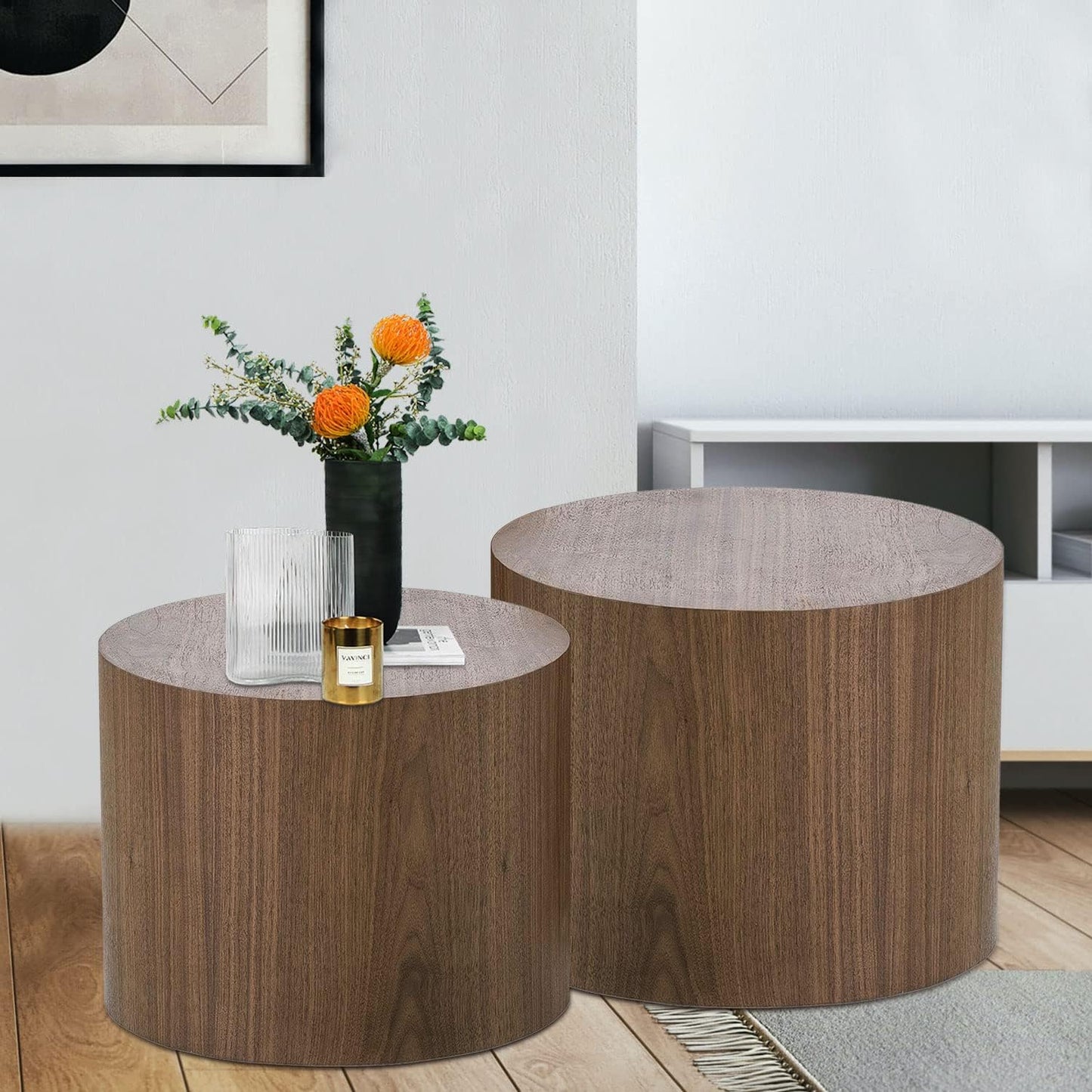Nesting Coffee Table Set of 2, Round Side Tables Set, Wooden Accent Table, Modern End Tables, Minimalist Circle Table for Small Space Living Room Bedroom, Walnut