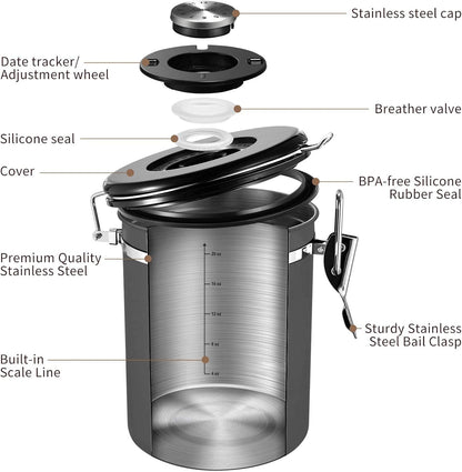 Veken Coffee Canister, Airtight Stainless Steel Kitchen Food Storage Container with Date Tracker and Scoop for Grounds Coffee, Beans, Tea, Flour, Cereal, Sugar, Cookies Jars, 22OZ Gray