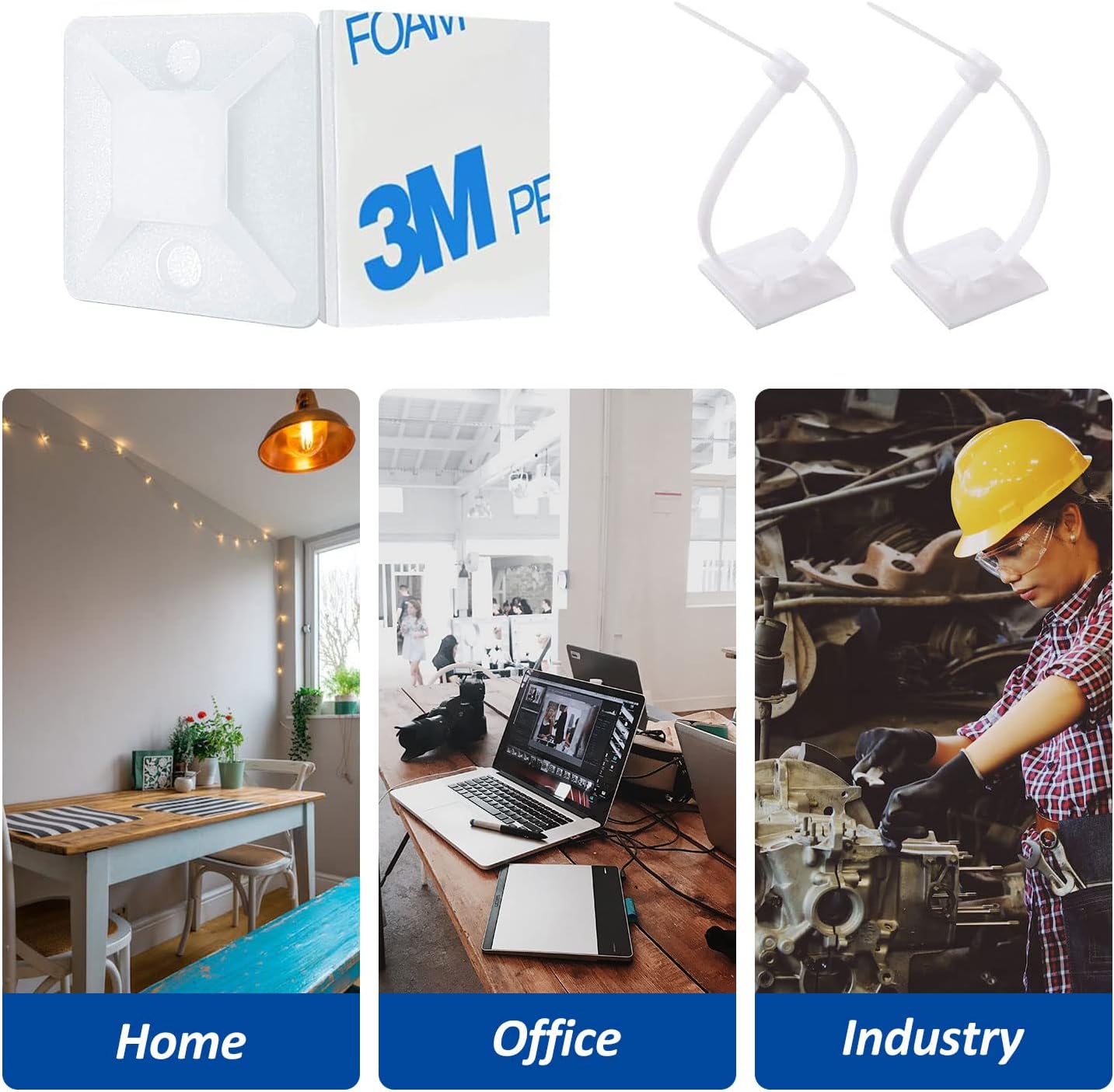 Strong Back-Glue Self Adhesive Cable Zip Tie Mounts Kit - 50 Set Cable Management Clips with 6" Zip Ties, Wire Holders - Outdoor Sticky Wire Organizer Clips-White