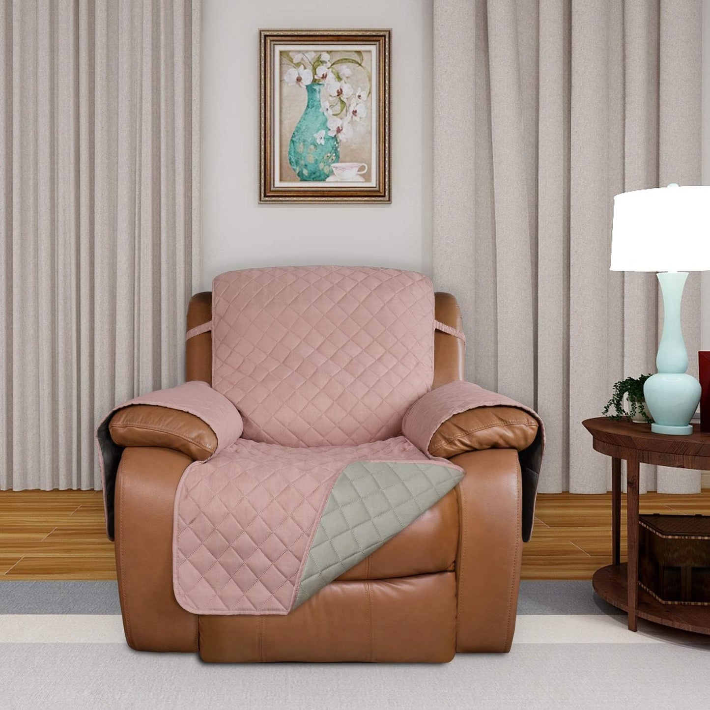 PureFit Reversible Quilted Sofa Cover, Water Resistant Slipcover Furniture Protector, Washable Couch Cover with Non Slip and Elastic Straps for Kids, Dogs, Pets (Oversized Recliner, Pink/Beige)