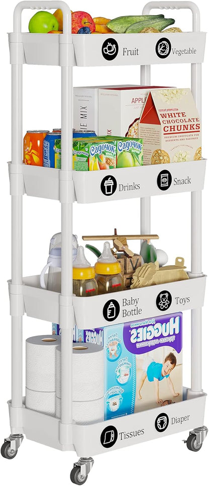 Laiensia 4-Tier Storage Cart,Multifunction Utility Rolling Cart Kitchen Storage Organizer,Mobile Shelving Unit Cart with Lockable Wheels for Bathroom,Laundry,Living Room,With Classified Stickers,White