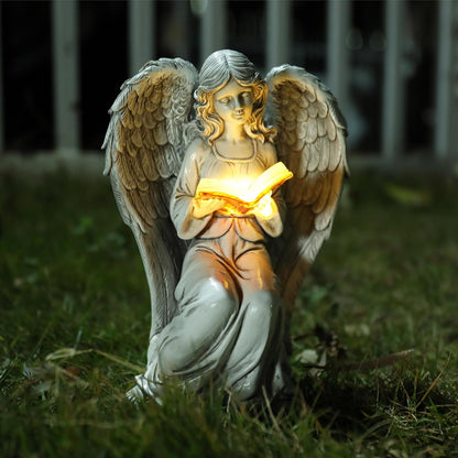 Angel Statue Outdoor Decor, Elegant Angel Garden Statues Reading Book with Solar LED Lights Yard Decorations Lawn Ornaments Figurines Resin Sculpture for Outside, Angel Gardening Gifts