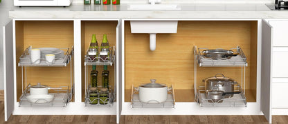 OCG 2 Tier Pull Out Cabinet Organizer (9.5" W x 21" D), Pull Out Drawers for Kitchen Cabinets, Pull Out Shelves for Base Cabinet Organization in Kitchen Bathroom Pantry, Chrome Finish
