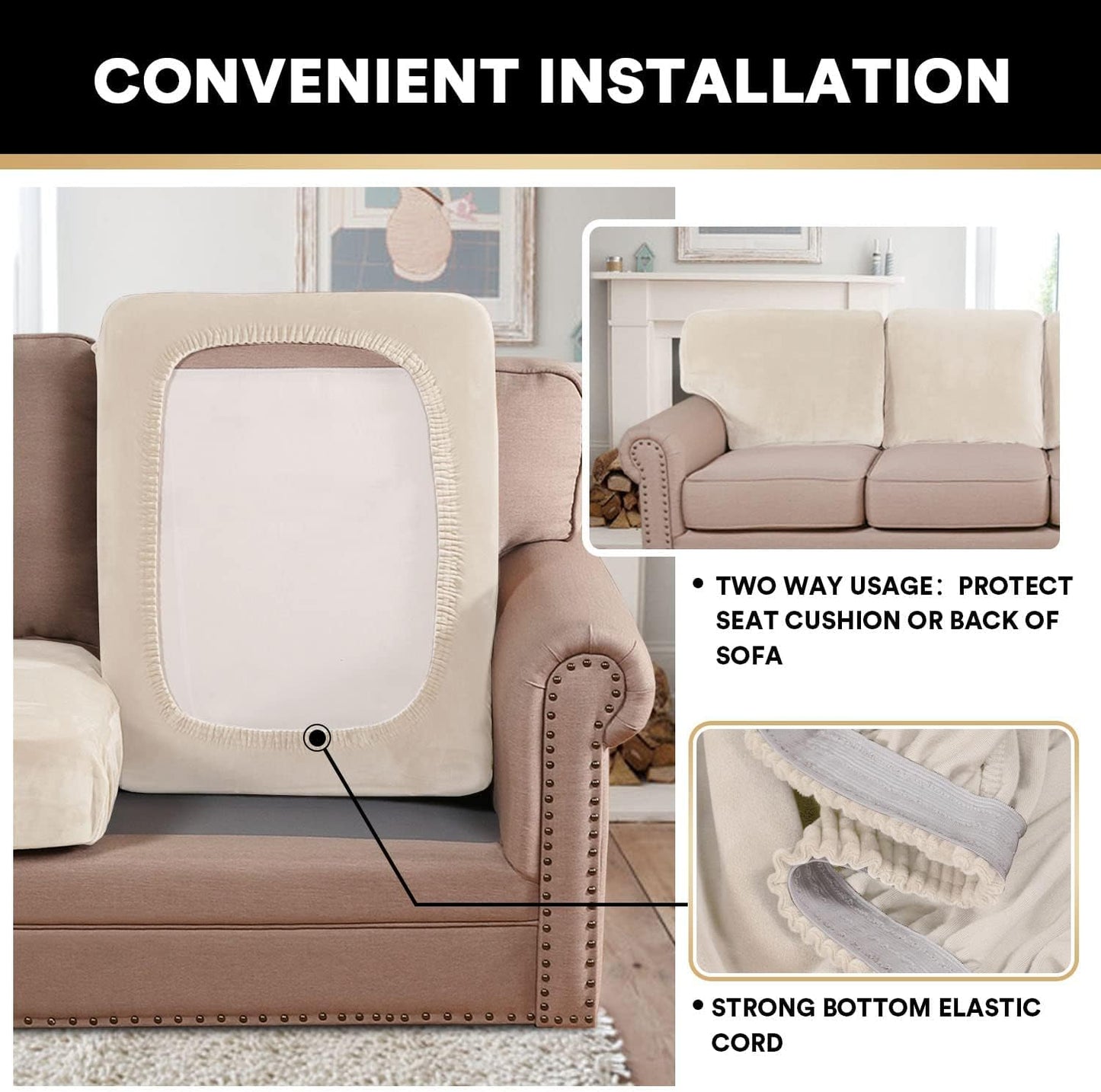 PrinceDeco Sectional Couch Cushion Covers 3 Pieces Velvet Separate Couch Cover Extra Large Stretch Sofa Slipcover Washable Furniture Protector for Sectional Sofa(Each Width Up to 40", Ivory)