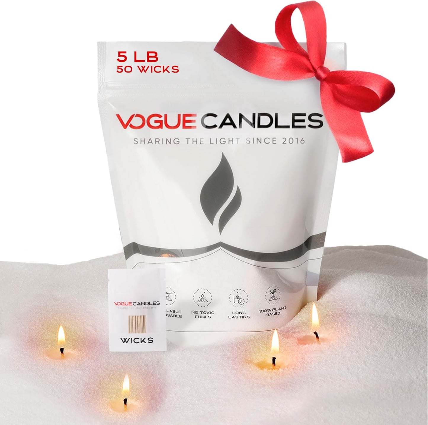 Vogue Candles 5LB Candle Sand with 50 Wicks | Bulk Refillable Plant-Based Granules for Custom Candle Making | Unscented, Clean Burn, Smoke-Free, Vegan Candle Refill Kit- White