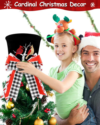 Cardinal Christmas Tree Topper Top Hat with Buffalo Plaid Check Bows Xmas Couple Cardinals on Tree Ornament Winter Holidays Home Decoration Memorial Sympathy Gift for Him Her