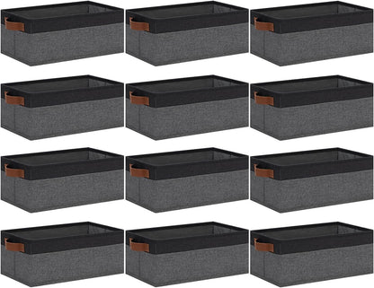 GhvyenntteS Small Fabric Storage Bins 12 Pack, 11.8" x 7.87" x 5.11" Storage Basket with Leather Handles, Closet Storage Bins for Shelves, Storage Baskets for Shelves, DVD Storage (Grey/Black)