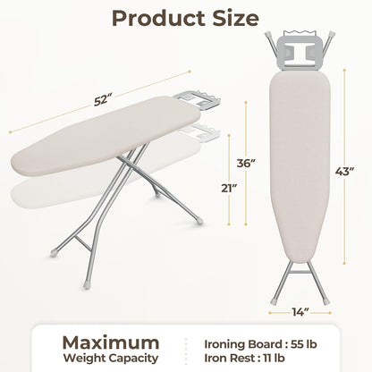 Yaheetech Foldable Ironing Board, Heavy Duty Iron Board with 9 Adjustable Heights, 4 Layer Cover and Safety Iron Rest, 52X14 Compact and Space Save Iron Board for Home Laundry Room Use, Beige