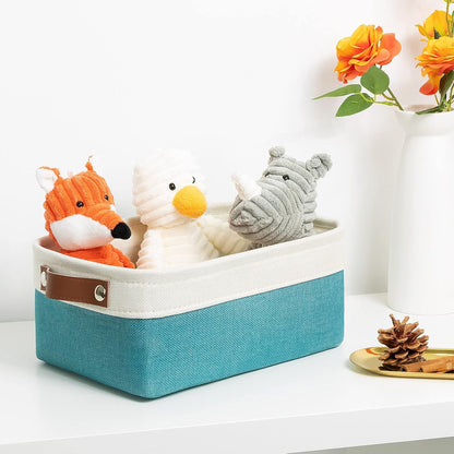DULLEMELO Small Collapsible Fabric Basket for Organizing, Shelves, Closets, Laundry, Nursery, Decorative Gift Basket (White & Teal)