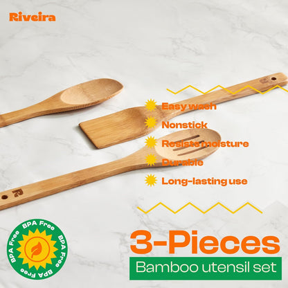 Riveira Dark Bamboo Wooden Spoons for Cooking 3-Piece, Apartment Essentials Wood Spatula Spoon Nonstick Kitchen Utensil Set Premium Quality Housewarming Gifts for Everyday Use