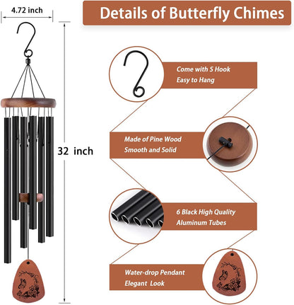 Wind Chimes for Outside, 32" Butterfly Windchime for Outdoor, Butterfly Gifts for Women Mom Sister, Garden Patio Gift Ideas for Friend Co-Worker (Black)