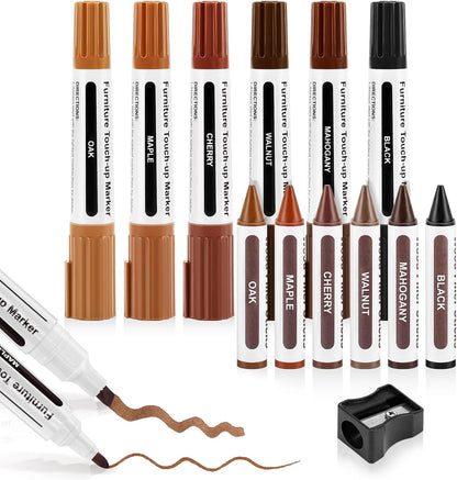 Dual Tip Furniture Markers Touch Up,Upgrade 13 Pcs Wood Markers Furniture Repair Kit,Touch Up Paint Pen and Wood Filler Putty Stick with Sharpener Kit,for Wood Stain Remover,Wood Floor Scratch Repair