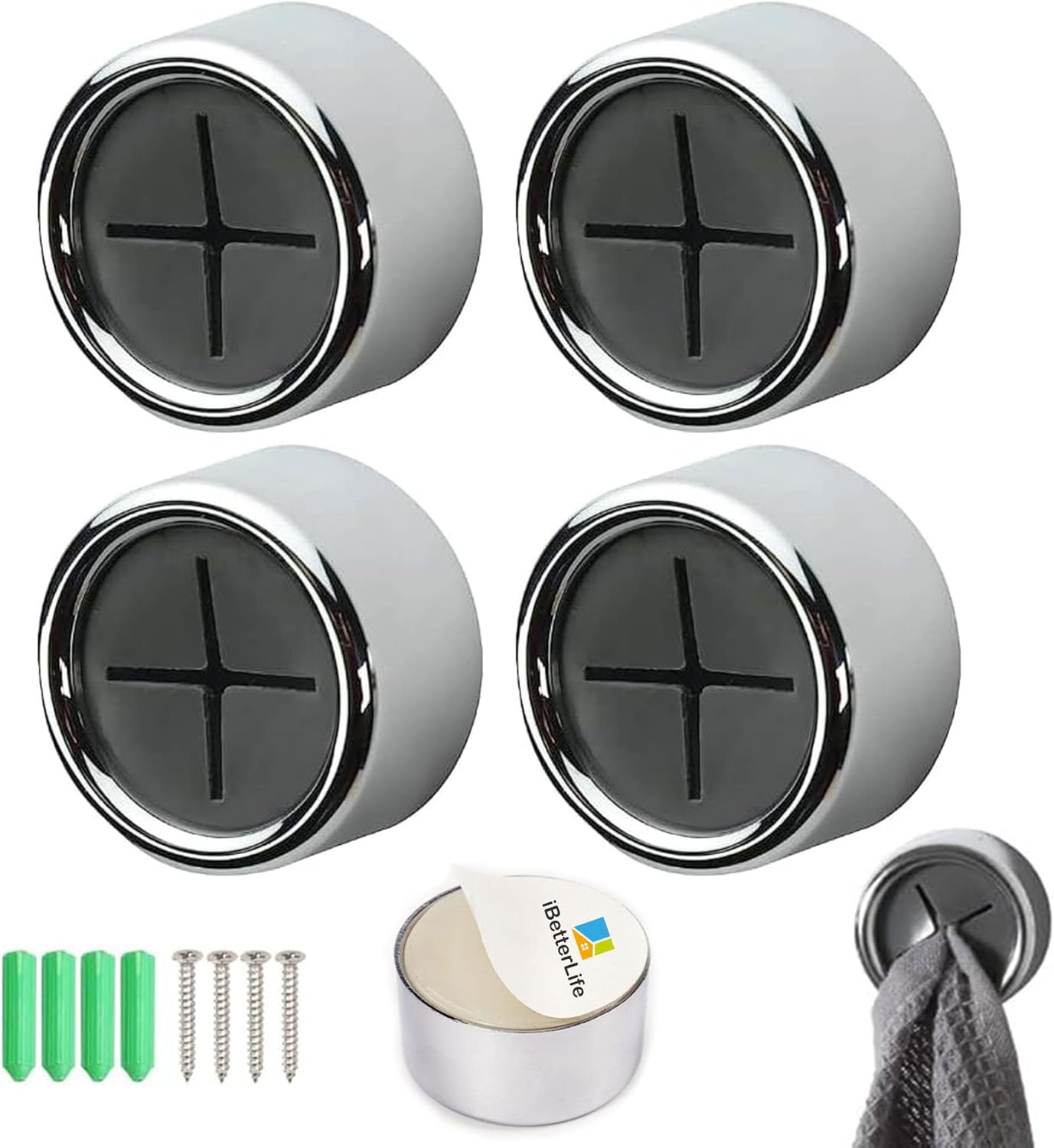 iBetterLife Adhesive Towel Holder for Kitchen - 4 Pack Dish Towel Hooks for Cabinet, Push Hand Towel Hanger, Dish Cloth Rag Holder for Home Bathrooms, Kitchens, Garages, RV, Within Easy Reach, Grey