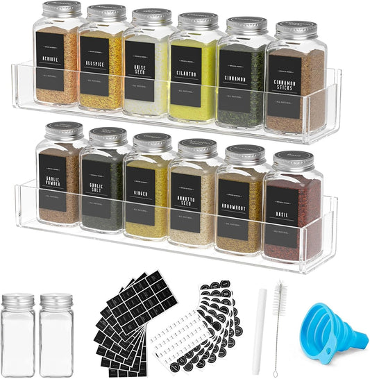 PMMASTO Adhesive Acrylic Spice Rack Organizer with 12 Empty Square Spice Jars, 238 Spice Labels with Chalk Marker and Funnel Complete Set for Kitchen Cabinet/Pantry Door (Clear - 2 Pack)
