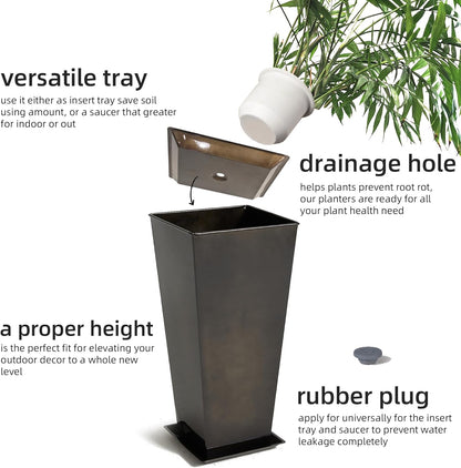 KOL 25'' & 28'' Tall Glazed Planter with Saucer, Set of 2, Galvanized Steel Planter Metal Pots for Indoor & Outdoor Use, Decorative Flower Plant Pots with Drainage Hole for Porch, Patio, Deck - Black