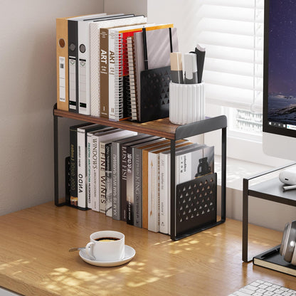 Mitus Shelf Organizer and Storage, Tiered Wood Cabinet Rack for The Kitchen Counter, Bathroom Counter, Pantry Cupboard, Office Desk Bookshelf, 16" Wide Walnut Brown and Black