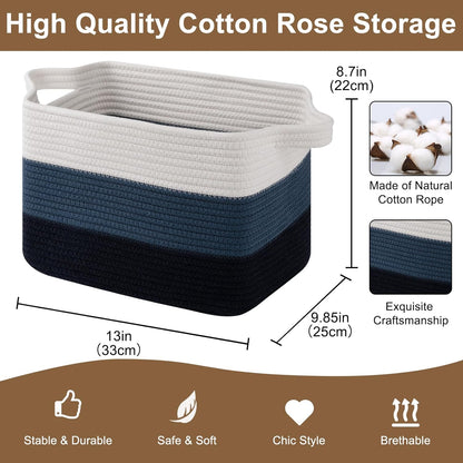 Storage Basket for Organizing, Woven Baskets for Storage, Rectangle Decorative Baskets for Shleves, Closet, Toys, Books, Nursery Organizer Bins - Pack of 3 (Gradient Blue)