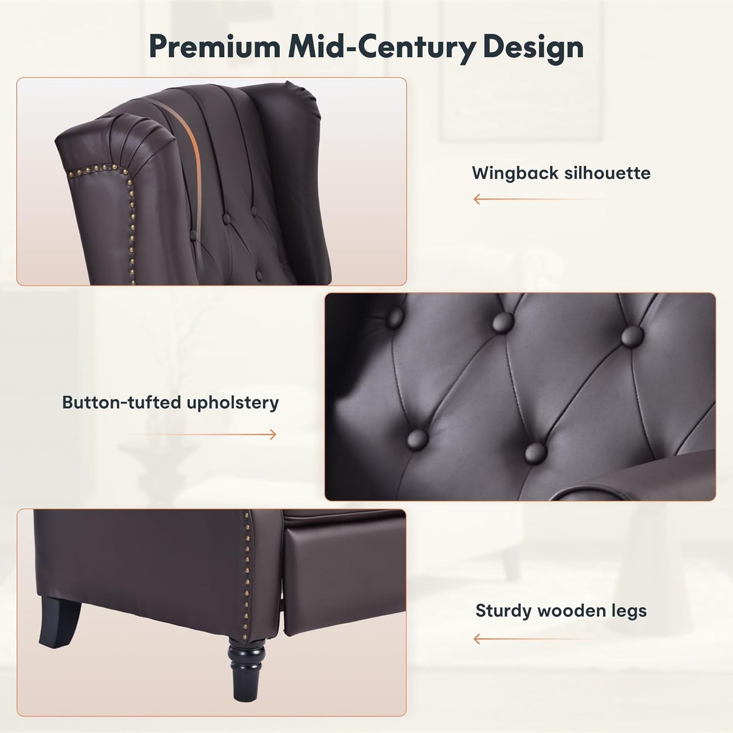 Softa Recliner Chair for Adults, Mid Century Wingback Pushback Accent Chair with Rivet Decoration, Tufted Upholstered Single Sofa Armchair for Living Room, Bedroom, Study (PU, Brown)