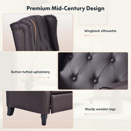 Softa Recliner Chair for Adults, Mid Century Wingback Pushback Accent Chair with Rivet Decoration, Tufted Upholstered Single Sofa Armchair for Living Room, Bedroom, Study (PU, Brown)