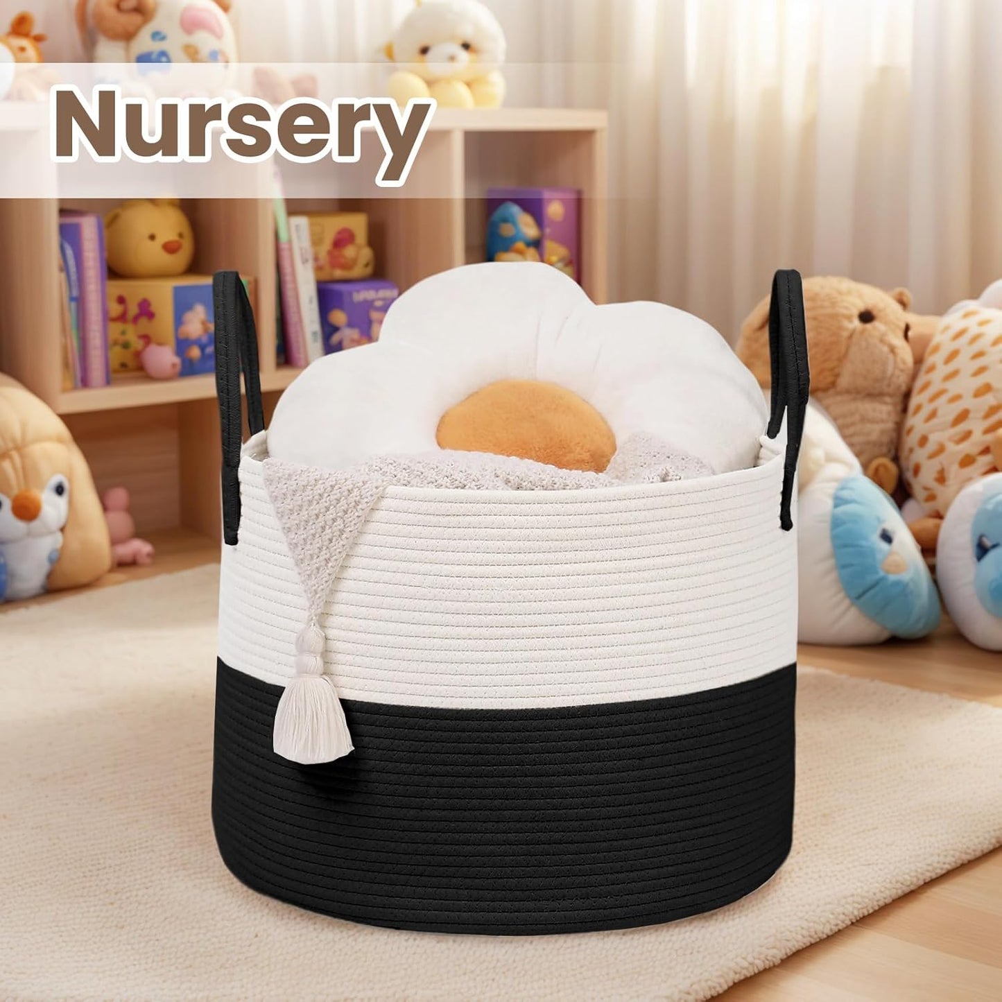 Woven Blanket Basket,65L Large Rope Storage Bin with Handles, Organizer for Blankets Toys Book and Clothes, Laundry Basket for Living Room Bedroom Nursery,White&Black