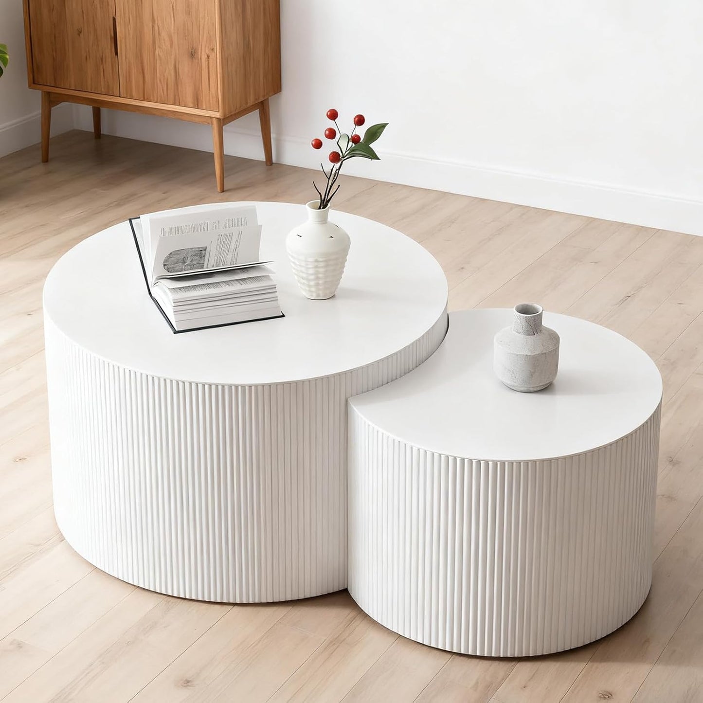 Round Nesting Coffee Table Modern White Fluted Coffee Table Set of 2 for Living Room Circle Drum Coffee Tables Round Nesting Tables Crescent Side Accent End Table for Small Space (White A 27in)