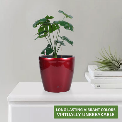 Dexceder 11x10 Inches High Gloss Self Watering Planter Indoor Outdoor, Inner Pot Design, Thickened Table Flower Plant Pot with Water Level Indicator (Red)